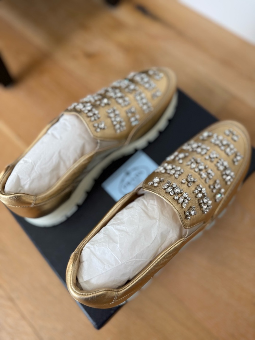 Beautiful Prada Metallic Gold Crystal-Strap Leather Loafers - US 10/EU 40 - NWOT - Picture 7 of 9
